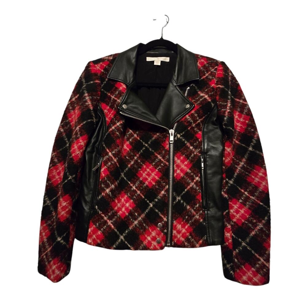 Boston Proper Red Plaid Bomber Jacket Womens Sz 4 Wool Blend Moto Biker Holiday